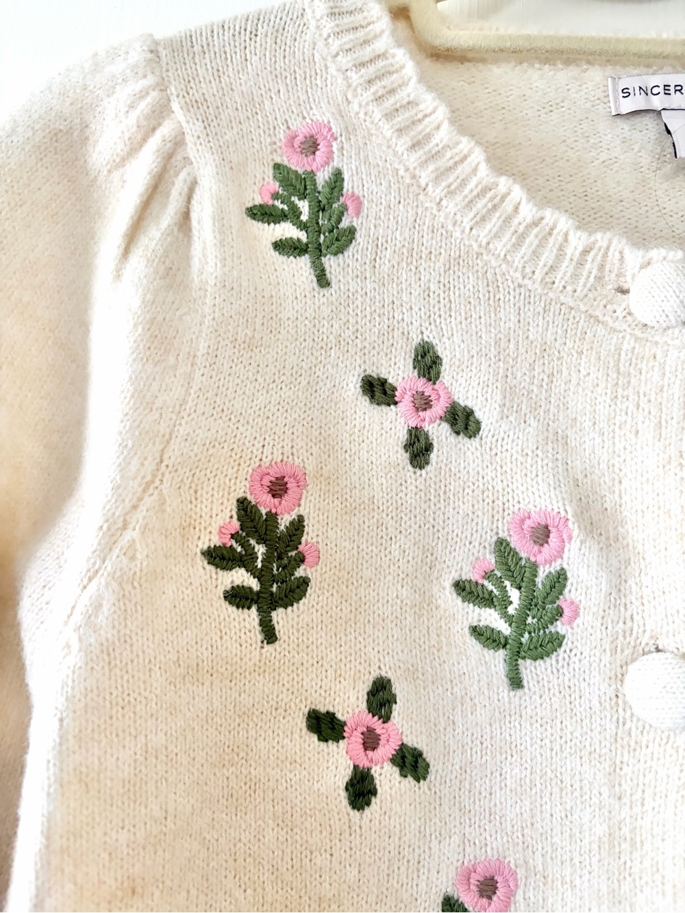 Sincerly Jules Cream Cardigan with Pink Floral Embroidery - Picture 3 of 6